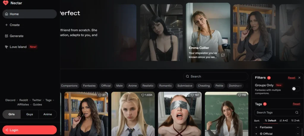 Nectar AI homepage showing a grid of AI companion characters with filter tags including Fantasies, Romantic, Submissive, and Dominant
