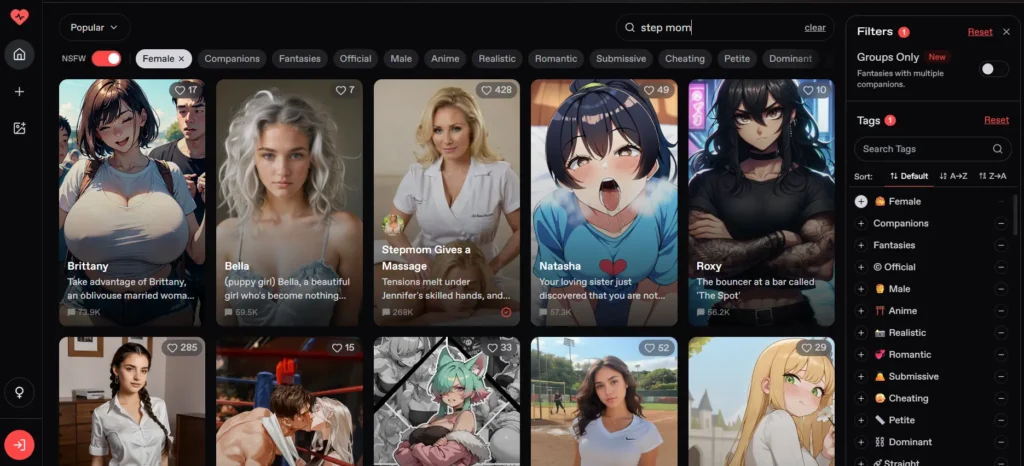 Nectar AI browse page filtered for step mom with NSFW enabled showing Brittany, Bella, Stepmom Gives a Massage, Natasha, and Roxy