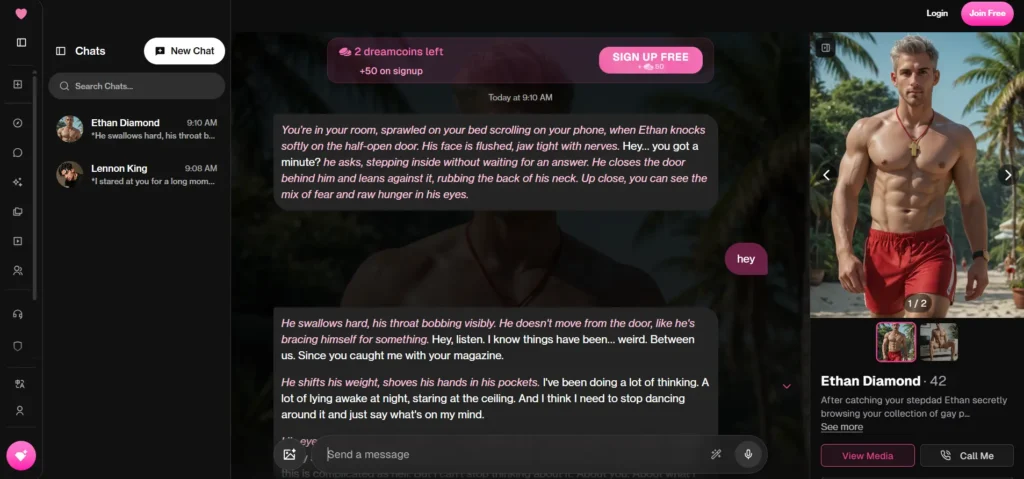 Ourdream.ai chat showing Ethan Diamond gay companion character with guest access