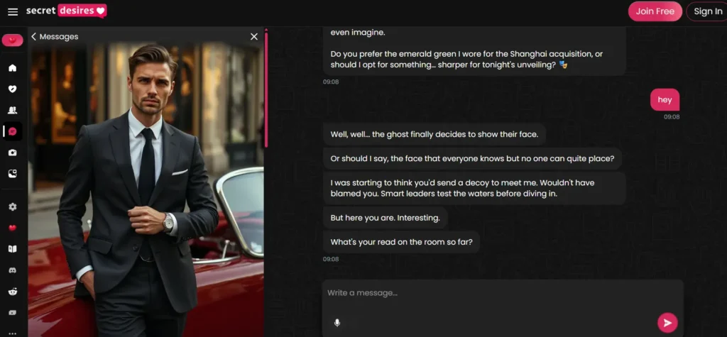 Secret Desires interface showing a male AI companion profile and an ongoing chat conversation, demonstrating the platform's no-sign-up guest chat experience for AI companionship