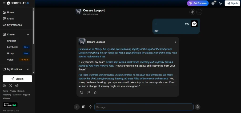 SpicyChat AI chat interface showing gay AI character Cesare Leopold without sign in