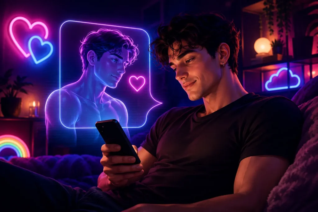 A young man chatting with a glowing AI boyfriend hologram in a neon-lit room with purple and blue cyberpunk lighting, representing free no-sign-up gay AI companion apps.