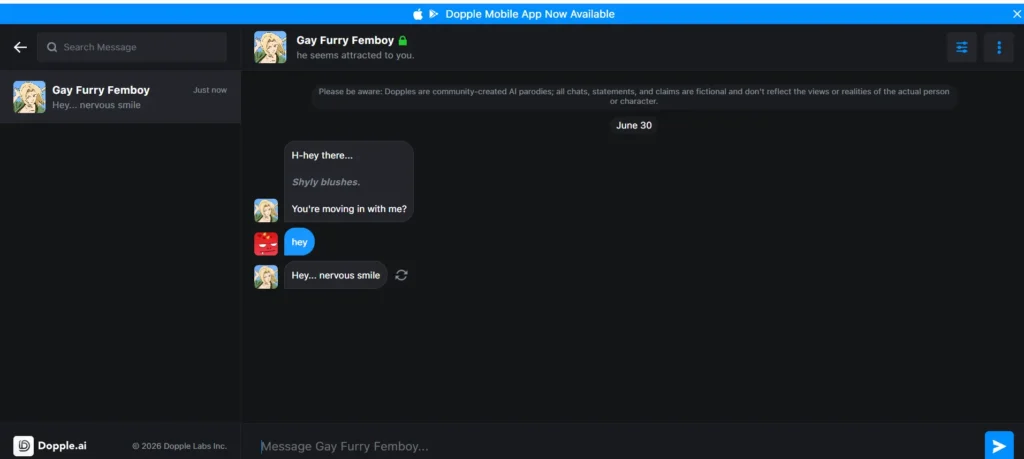 Dopple.ai gay anime AI companion chat showing Gay Furry Femboy character with guest access

