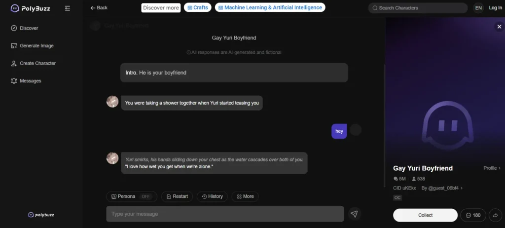 PolyBuzz AI showing gay boyfriend AI character with no login required