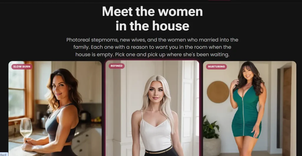 Secret Desires Meet the women in the house section showing slow burn, refined, and nurturing stepmom AI character types