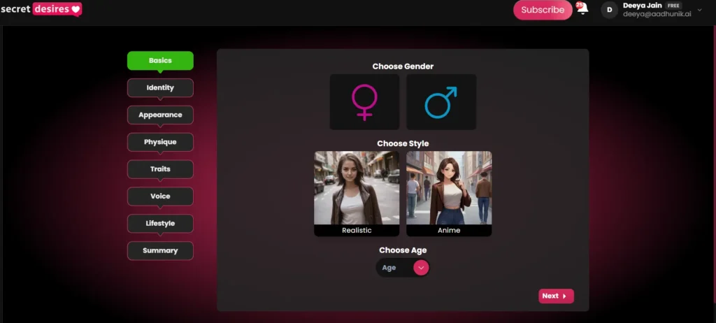 Secret Desires AI companion builder Basics step showing gender selection between female and male, style choice between Realistic and Anime, and an age dropdown