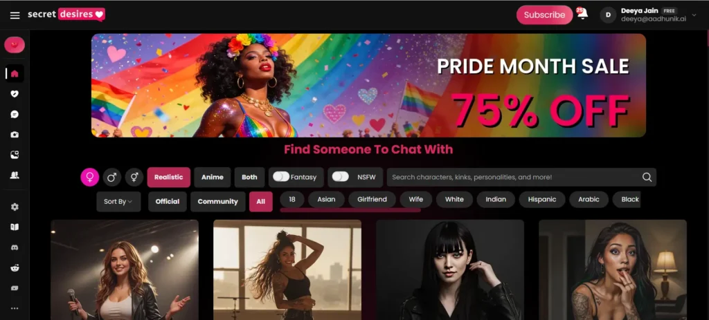 Secret Desires AI homepage showing a grid of realistic AI companion characters with filter tags for Official, Community, Anime, Girlfriend, Wife, and NSFW toggle