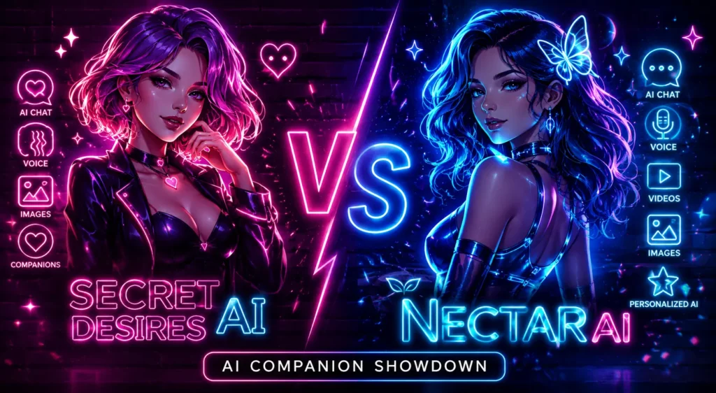 Secret Desires AI vs Nectar AI comparison featuring two AI companion characters in a neon cyberpunk design, highlighting AI chat, voice chat, image generation, video generation, and personalized AI companion features.