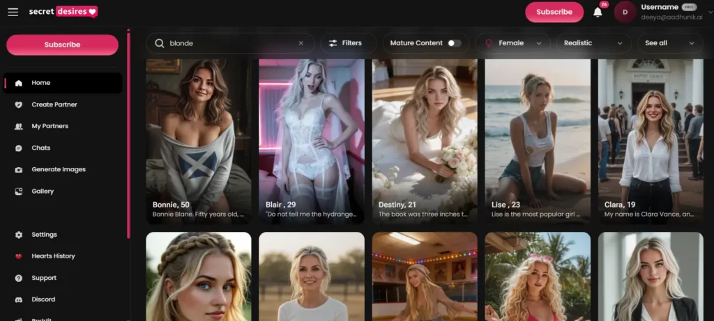 Secret Desires blonde AI girlfriend landing page showing three blonde AI companions in different shades