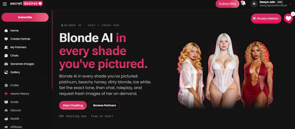 Secret Desires blonde AI landing page showing platinum, honey, and strawberry blonde AI companion options