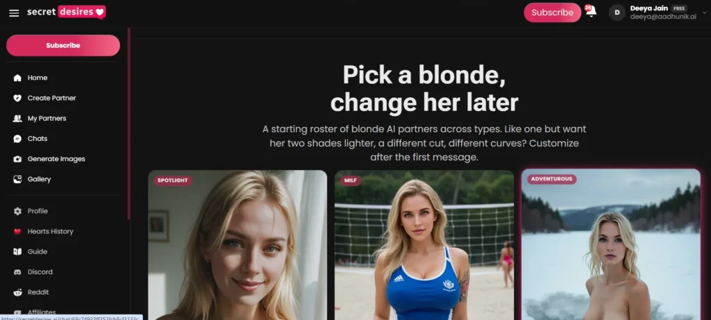 Secret Desires pick a blonde AI section showing spotlight, MILF, and adventurous blonde companion options