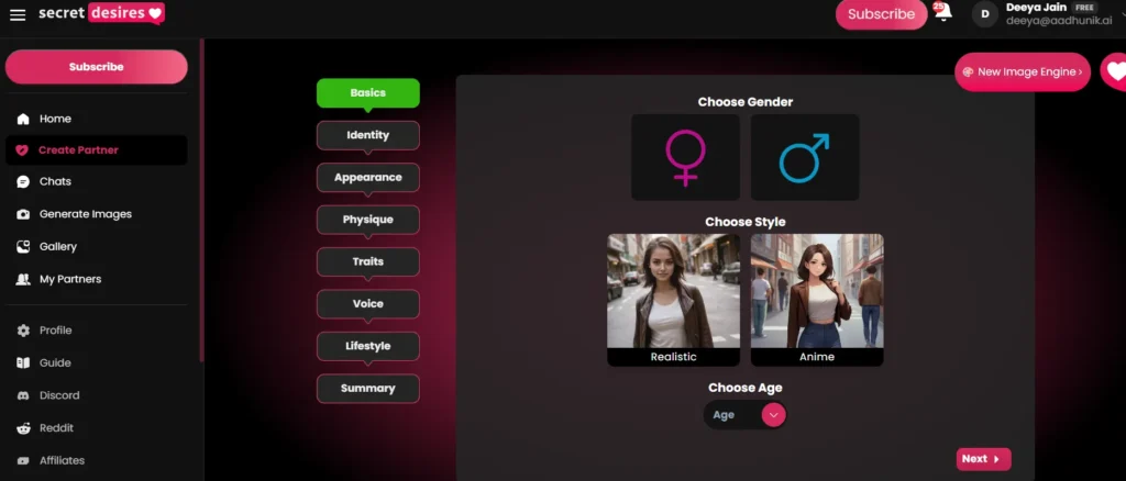 Secret Desires AI companion builder Basics step showing options to choose gender, art style between Realistic and Anime, and an age dropdown selector