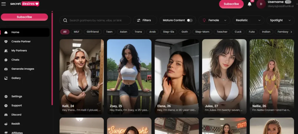 Secret Desires AI companion platform home page showing female AI partner profiles including Kelli, Zoey, Elena and Jules with a search bar and filter options