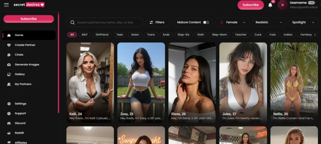 Secret Desires AI homepage showing a grid of AI companion characters with filter tags for Official, Community, Anime, Girlfriend, Wife, NSFW toggle, and ethnicity filters
