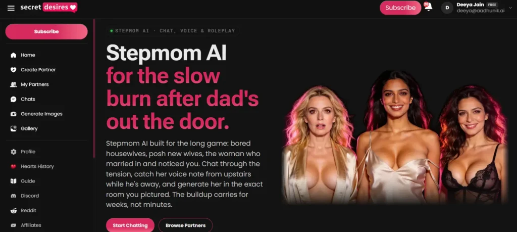 Secret Desires stepmom AI landing page with hero tagline 'for the slow burn after dad's out the door' and three AI stepmom companions
