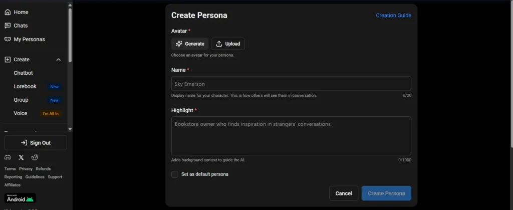 SpicyChat AI Create Persona screen showing avatar generation and upload options, a name field with Sky Emerson as placeholder, a Highlight text area for background context up to 1000 characters, and a Set as Default Persona toggle