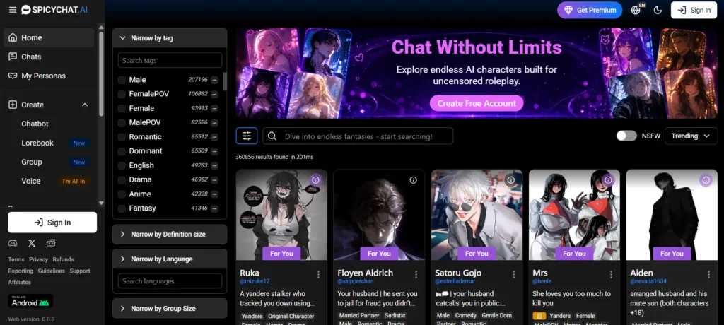 SpicyChat AI homepage showing a Chat Without Limits banner, tag-based character filter panel on the left with tags like Male, FemalePOV, Romantic, Dominant, and Anime, and a grid of community-created AI characters with an NSFW toggle