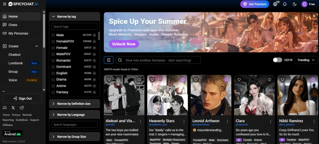 SpicyChat AI platform showing character browsing interface with tag filters including Male, Female, Romantic, Dominant and Drama alongside trending AI companion cards