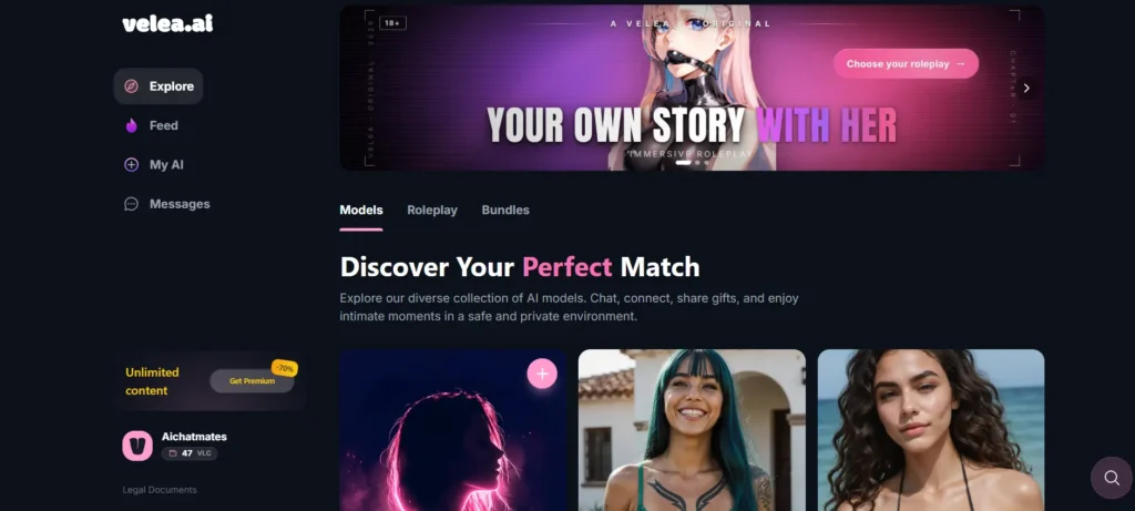 Velea AI platform home page with tagline Your Own Story With Her showing female AI companion model cards and navigation tabs for Models, Roleplay and Bundles