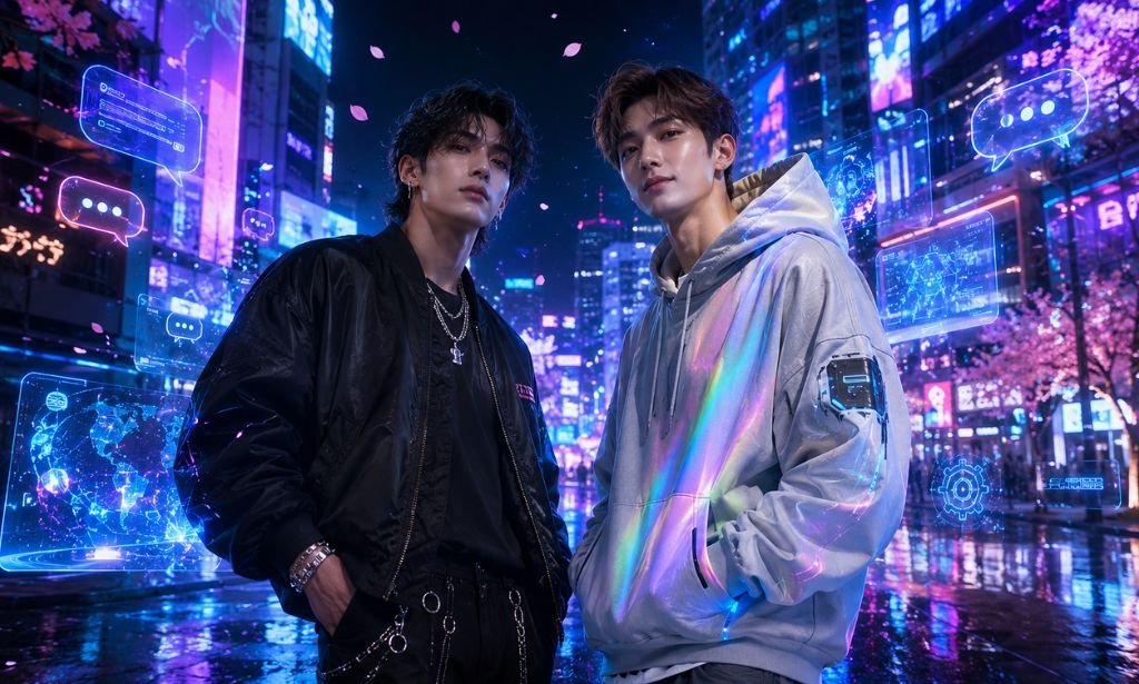 A neon cyberpunk illustration showing multiple Japanese-inspired gay AI companions from leading AI chat apps, representing customizable AI boyfriends for Japanese conversations in a futuristic cityscape.