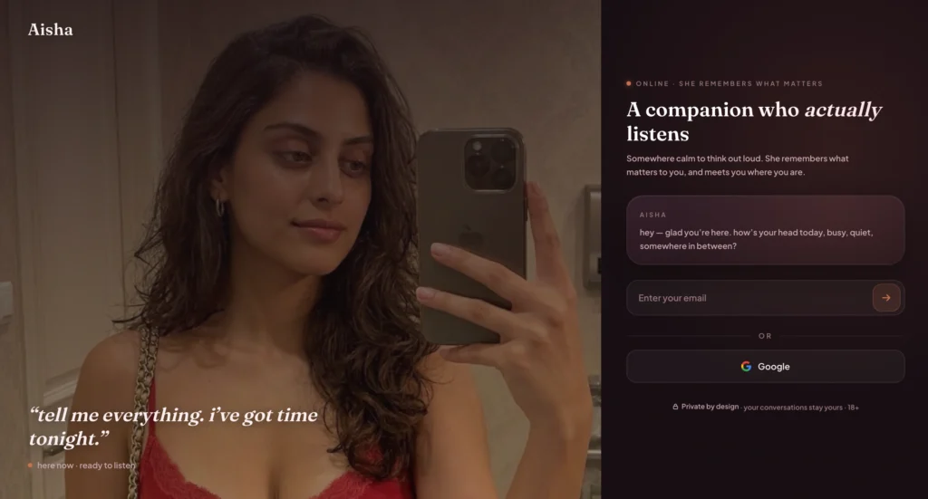 Aisha AI interface featuring a customizable lesbian AI girlfriend for romantic and emotional AI chats.