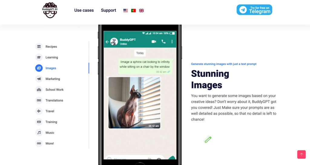 BuddyGPT AI chatbot responding to user queries through WhatsApp messages.
