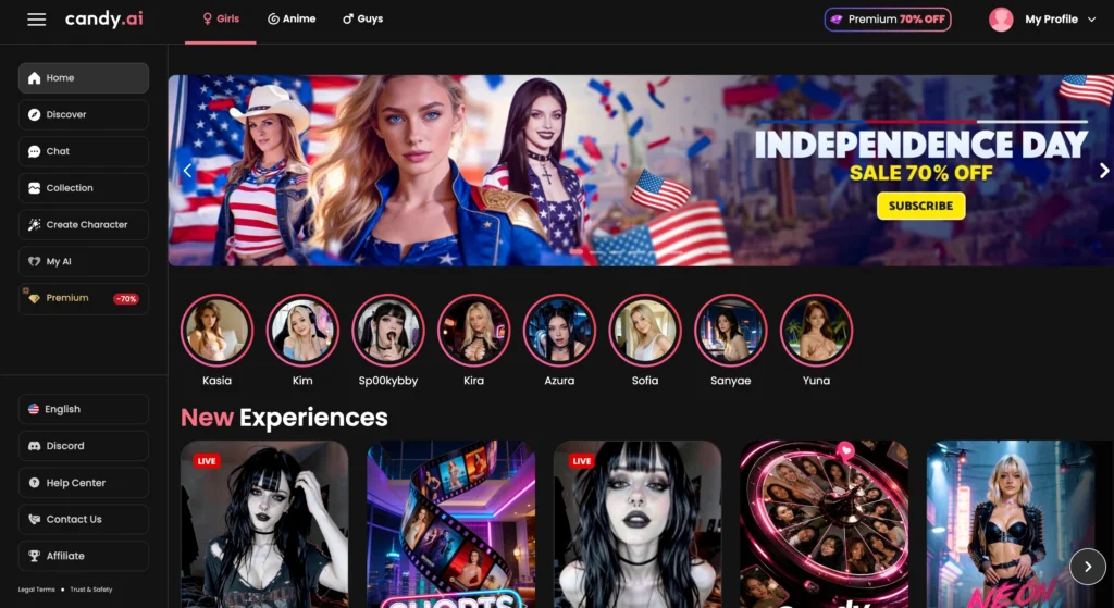 Candy AI interface with customizable AI companion, image generation, and premium features