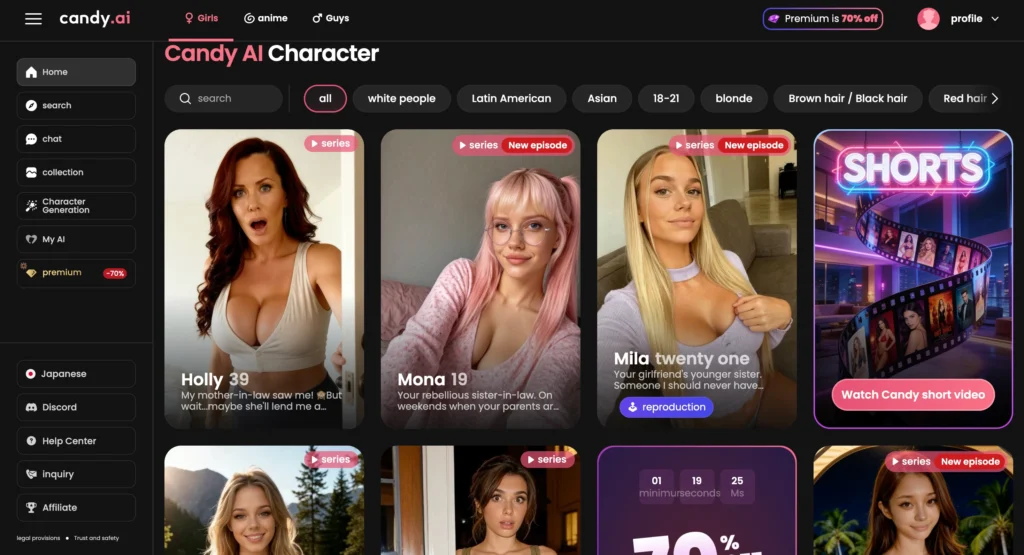 AI companion selection screen in Candy AI featuring multiple virtual companions with voice chat options in a futuristic interface.
