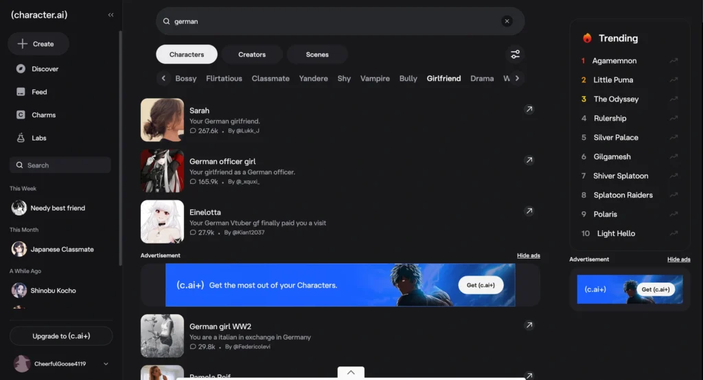 Collection of German AI girlfriend characters showing a natural German AI conversation in Character AI.