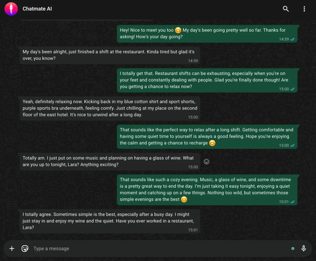 Chatmate AI virtual companion conversation displayed in a WhatsApp chat interface.