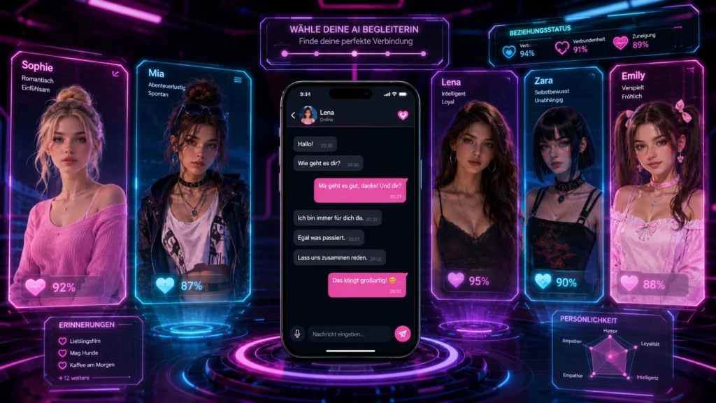 Split-screen illustration showing a user chatting with a German AI girlfriend, featuring realistic German AI girlfriend.