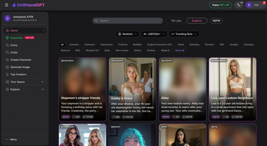 GirlfriendGPT showing a personalized lesbian AI girlfriend with memory-based AI conversations.
