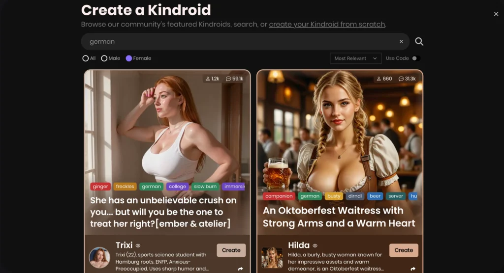 Realistic German AI companion having a personalized conversation on Kindroid AI with memory and voice chat interface.