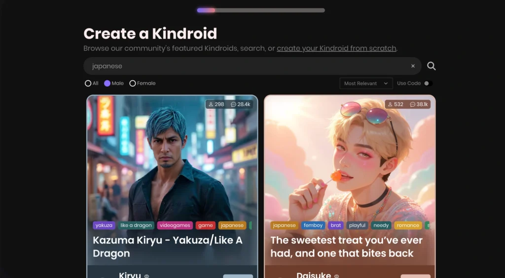 Kindroid AI showing a Japanese AI boyfriend creation.