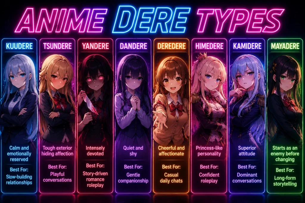 Horizontal infographic comparing anime dere types with Kuudere, Tsundere, and Yandere personality traits.