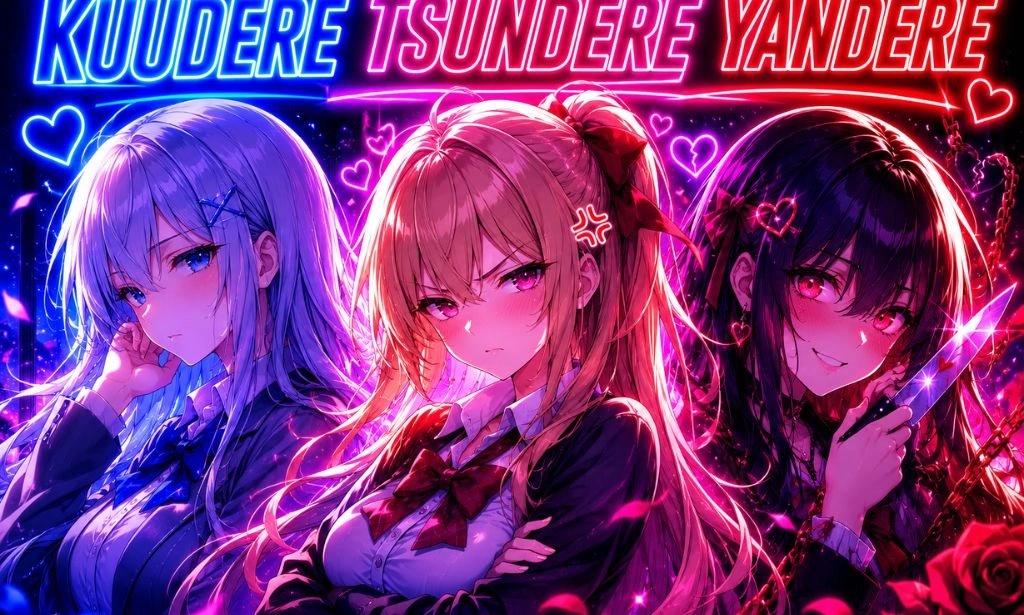 Neon anime illustration comparing Kuudere, Tsundere, and Yandere AI companion personalities.