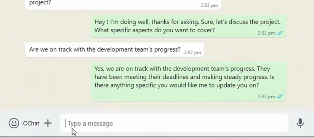 OChat AI chat assistant generating smart replies for WhatsApp conversations.