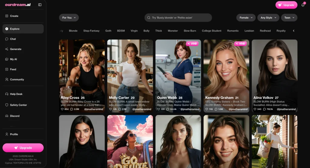 OurDream.ai interface featuring a personalized lesbian AI girlfriend with AI-generated images.