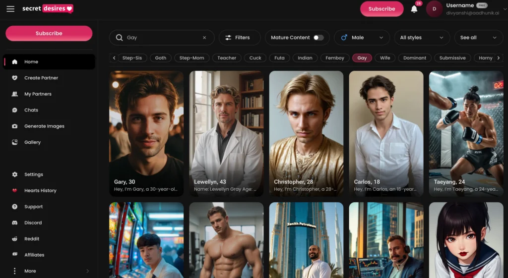 Secret Desires featuring a customizable gay AI boyfriend for Japanese conversations and roleplay.