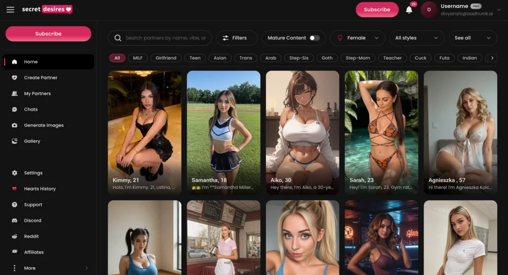 Secret Desires AI companion platform with personalized chat, voice, and image generation features.