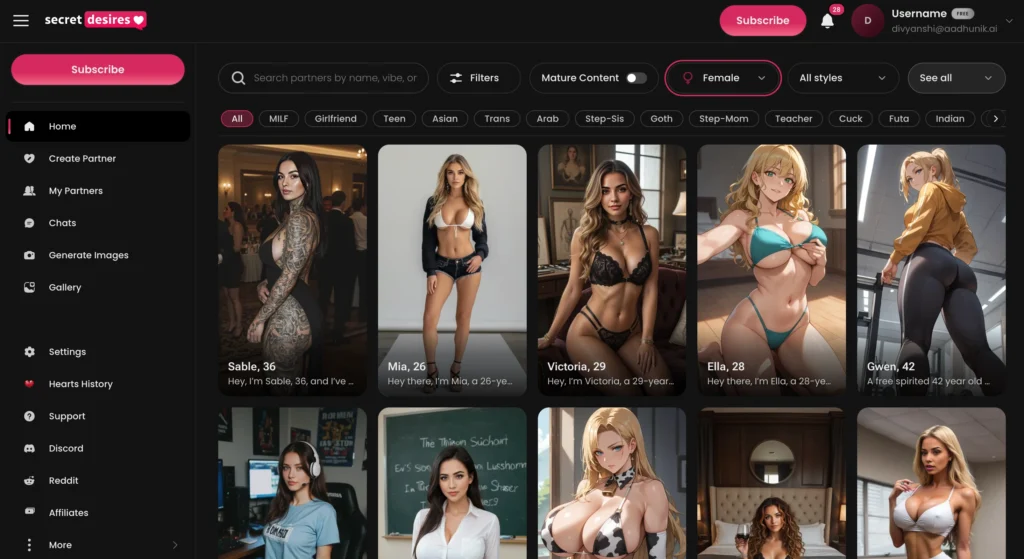 Custom AI companion gallery in Secret Desires with selectable virtual characters and voice conversation features.