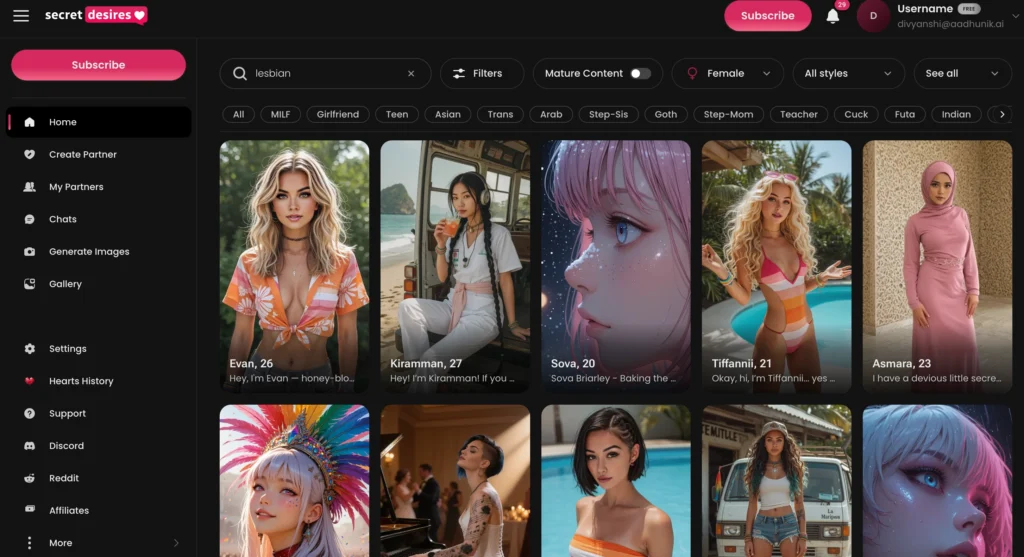 Secret Desires AI companion platform with a customizable lesbian AI girlfriend for romantic roleplay.