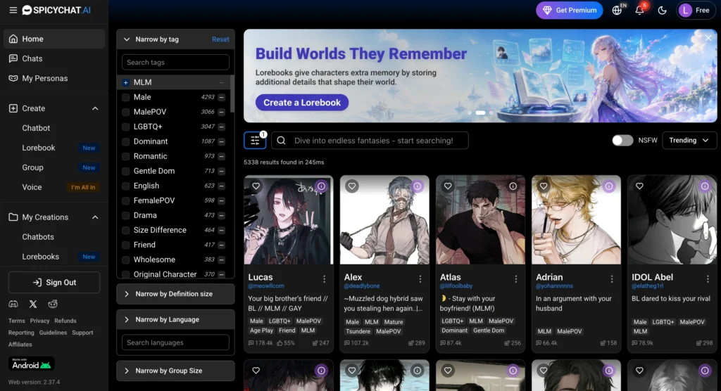 SpicyChat AI showcasing a Japanese-inspired gay AI companion for roleplay and multilingual conversations.