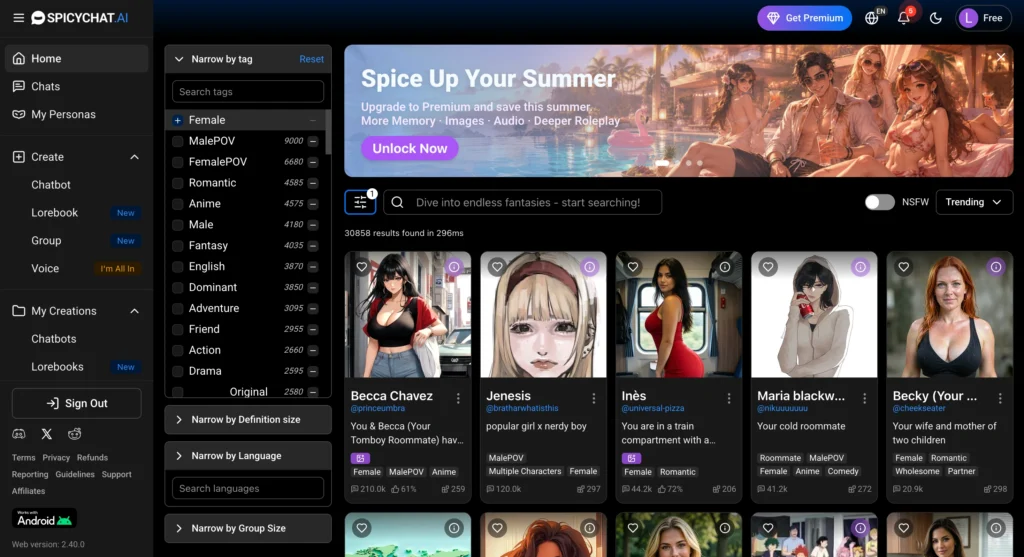 SpicyChat AI interface featuring multiple AI personas, roleplay, and advanced memory features.