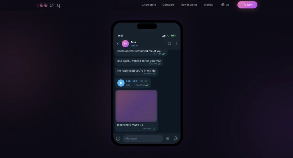 TooShy AI companion chatting through WhatsApp with personalized messages and voice notes.