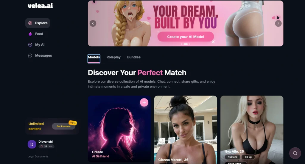 Velea.ai interface featuring a realistic lesbian AI girlfriend for emotional AI conversations.