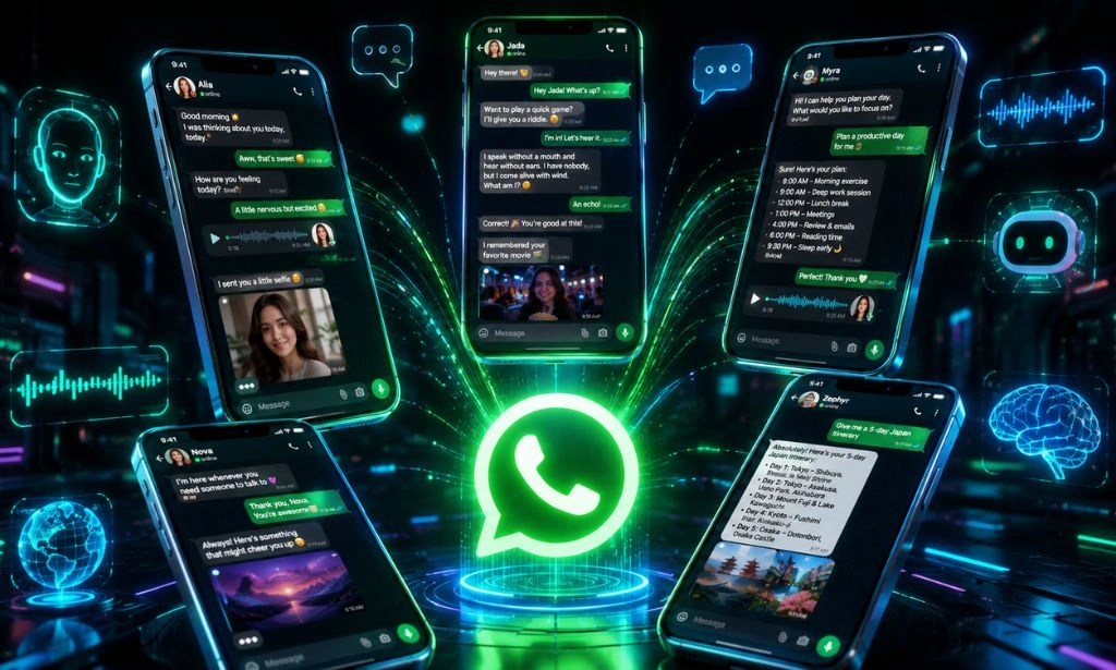 WhatsApp AI bot apps showing AI chat conversations with virtual companions and assistants on smartphones.