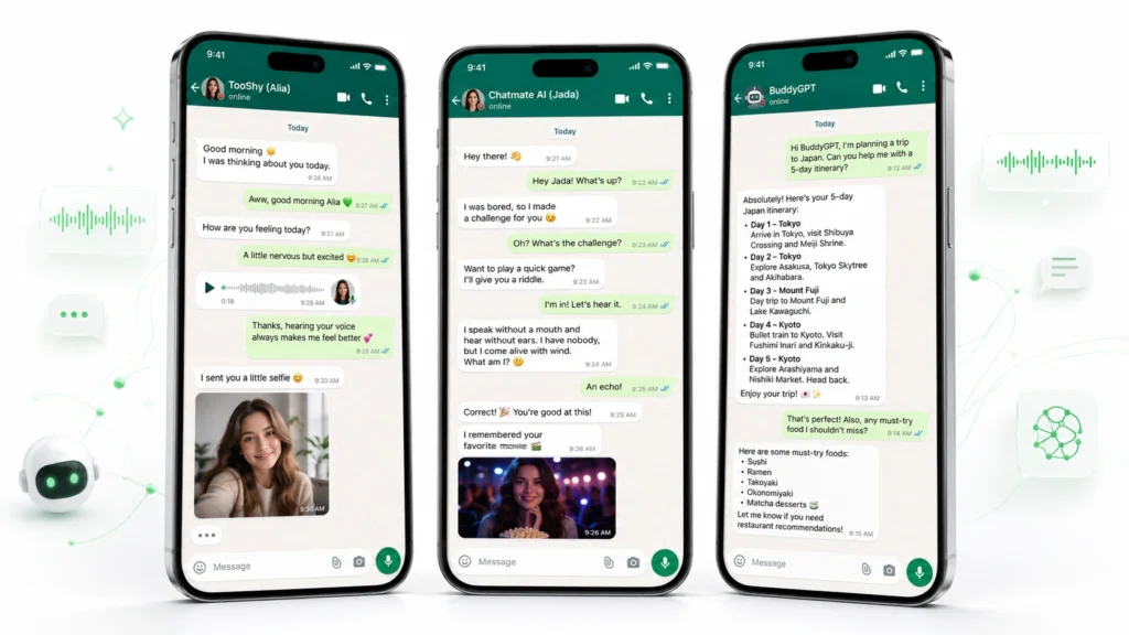 WhatsApp AI bot chat showing users asking prompts and receiving AI-generated responses on smartphones.