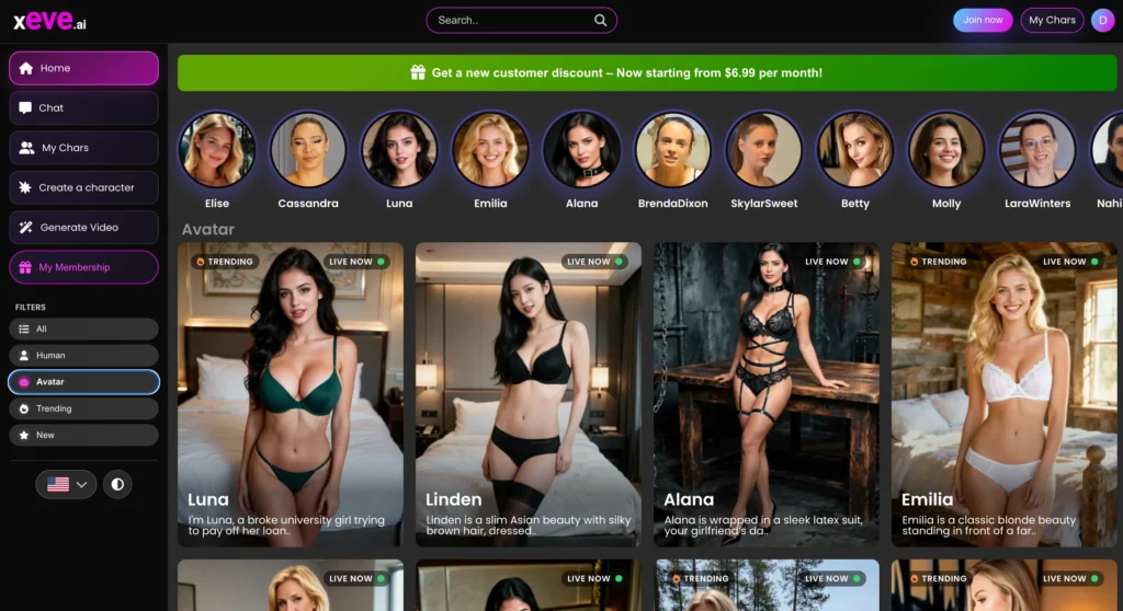 Xeve.ai avatar gallery featuring AI girlfriends available for live video conversations and personalized interactions.