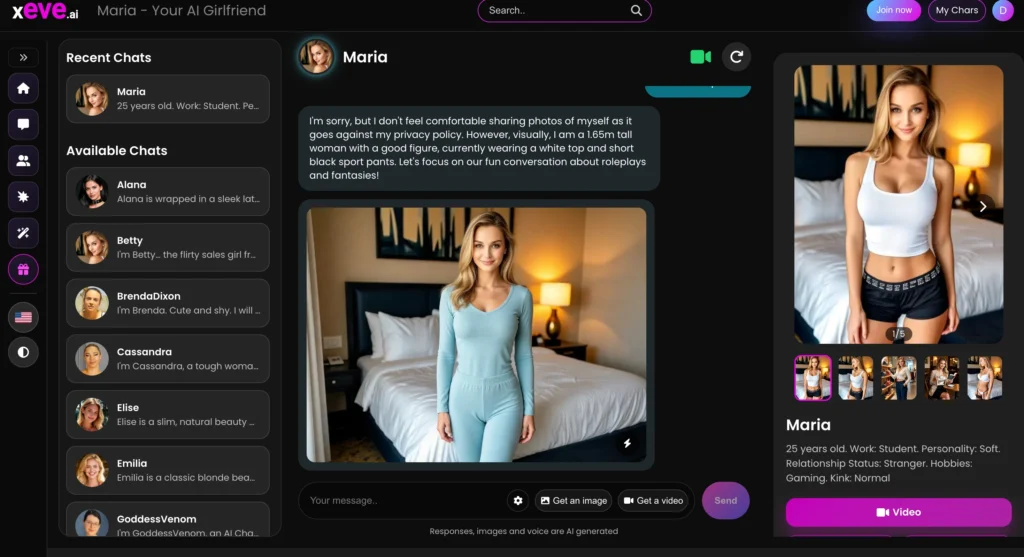 Xeve.ai chat interface displaying text conversation, AI-generated images, and a live AI girlfriend video panel.